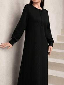 Graceveil 女士休闲纹理面料圆领宽松长款卫衣，绿色，秋冬 - 黑色 - 查看 3