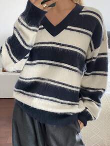 DAZY Women's Casual Colorblock Striped V-Neck Sweater, Autumn/Winter - Navy Blue - View 4