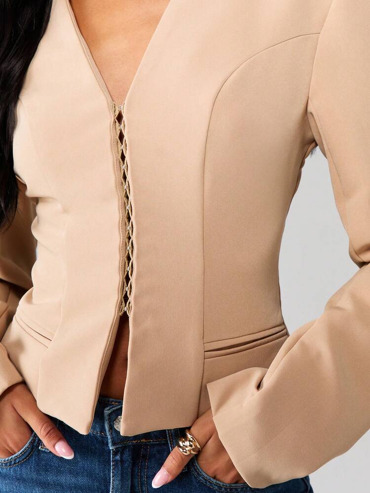 MISSGUIDED Women Fitted Hook And Eye Blazer Long Sleeve Professional Business Jacket Fall Winter Office Wear