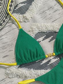 Swim Vcay Bộ đồ bơi bikini trơn màu phong cách hàng hải, họa tiết khối kim loại, họa tiết tam giác gợi cảm dành cho nữ đi biển - màu xanh lá - Xem 5