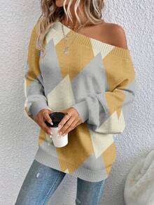 EMERY ROSE Women's Casual Off Shoulder Fashionable Plaid Geometric Pattern Sweater, Suitable For Autumn/Winter - Multicolor - View 4