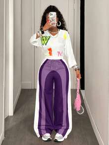 BamGleam 女士时尚撞色抽绳宽松裤 - 紫色 - 查看 4