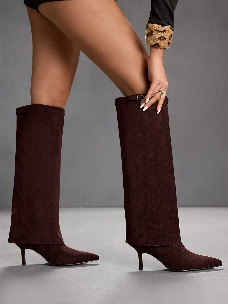 CUCCOO SZL Damen Mode Spitze Zehen Wildleder Overknee Stiefel, elegante vielseitige Slim Heel Overknee Stiefel - Braun - Übersicht 1