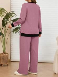 EMERY ROSE Bộ quần áo hoodie và quần nỉ màu xanh tương phản thường ngày cỡ lớn có túi dành cho nữ, mùa thu/đông - Bụi hồng - Xem 3