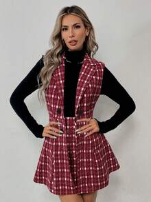 Elyressa Bộ vest và váy kẻ caro thời trang cho người đi làm - Màu Đỏ Sâu - Xem 4