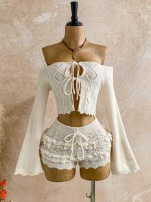 Soleia 2pcs Women's Fashionable Sexy Off-Shoulder Tie-Up Sweater Set - Apricot - View 3