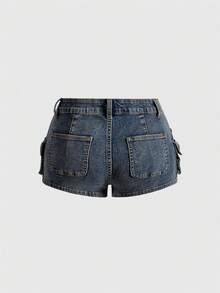 ROMWE Grunge Punk 夏季女装：破洞牛仔低腰迷你短裤，朋克街头风 - 淺色水洗藍 - 查看 3