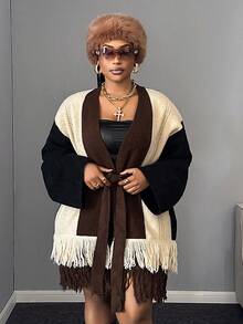 Maweii Women's Chocolate Brown Autumn Girlism Everyday Knitted Cardigan,Retro V-Neck Long Sleeve Tassel Color Block Waist Belt Plus Size Outerwear - Multicolor - View 7