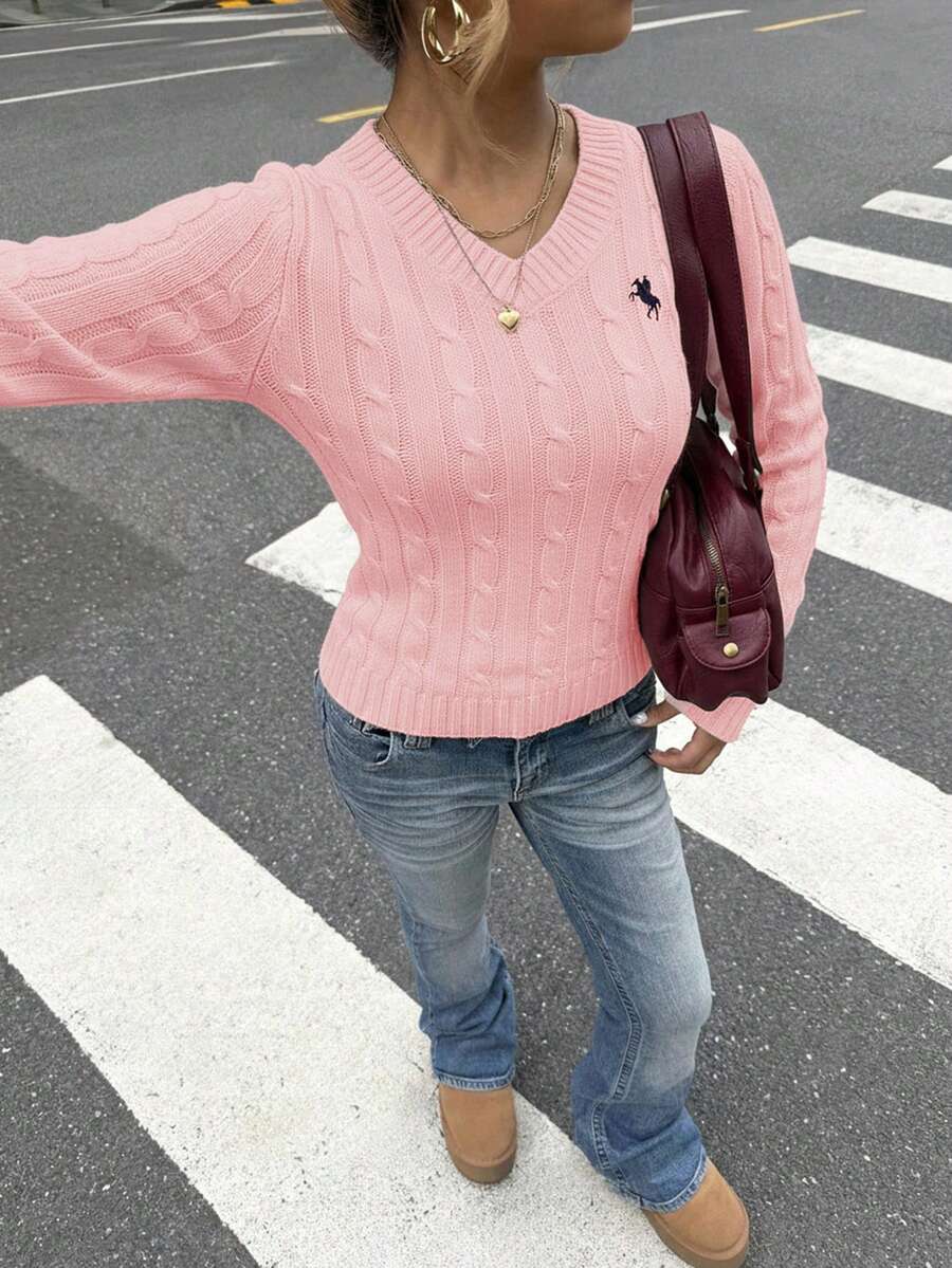 SHEIN Teen Girl Striped V-Neck Collegiate Style Contrast Color Fitted Comfortable Pullover Knit Sweater Pink Sweater