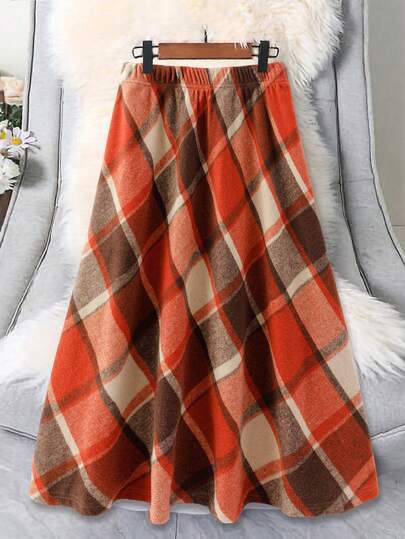 EMERY ROSE Christmas Plus Size Plaid Skirt, Suitable For Work And Commute, Autumn/Winter