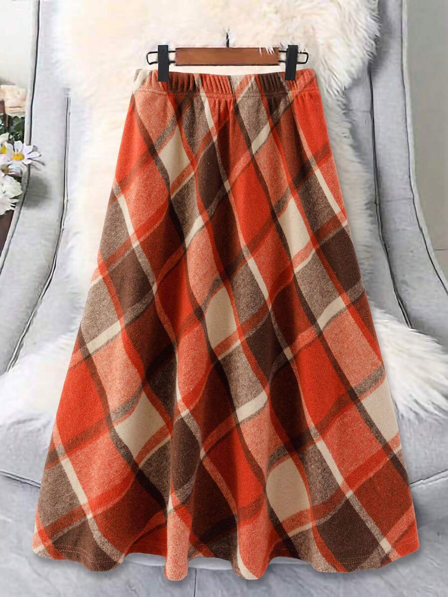 EMERY ROSE 大码格子裙，适合工作和通勤，秋冬 - 棕色 - 查看 1