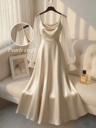 Franclia 女士优雅缎面珍珠装饰长袖A字连衣裙，适合通勤、派对和各种活动