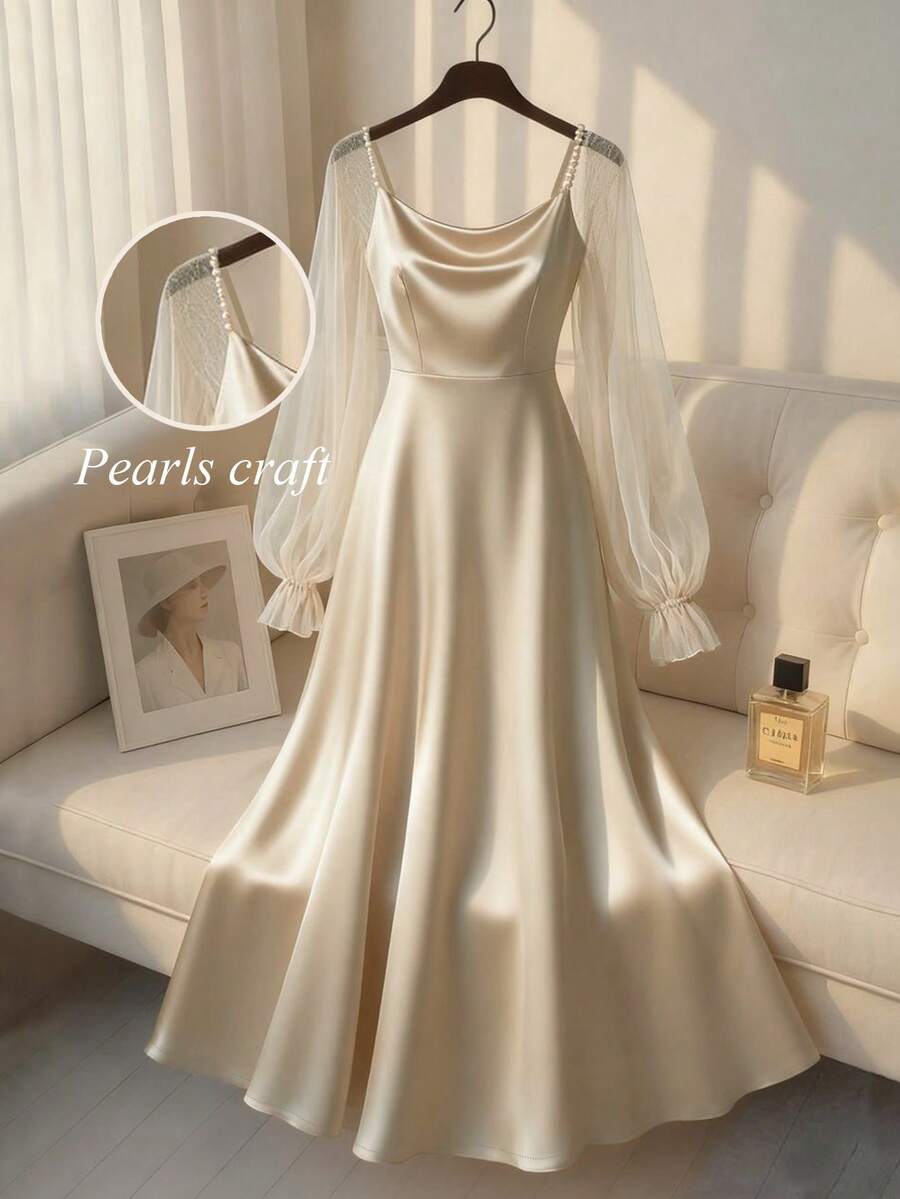 Franclia 女士优雅缎面珍珠装饰长袖A字连衣裙，适合通勤、派对和各种活动