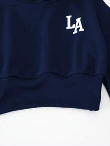 Setelan 2 Potong untuk Anak Perempuan: Sweater Hoodie dan Celana Panjang Rajut Kasual Warna Polos dengan Cetakan Huruf Grafis di Bagian Depan dan Bahu Longgar - Royal Blue - View 5