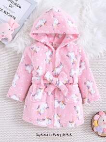 Cozy Pixies Baby Girl Cartoon Animal Print Brushed Hooded Long Sleeve Tie-Waist Robe, Thick Plush Fabric Suitable For Winter - Pink - View 1