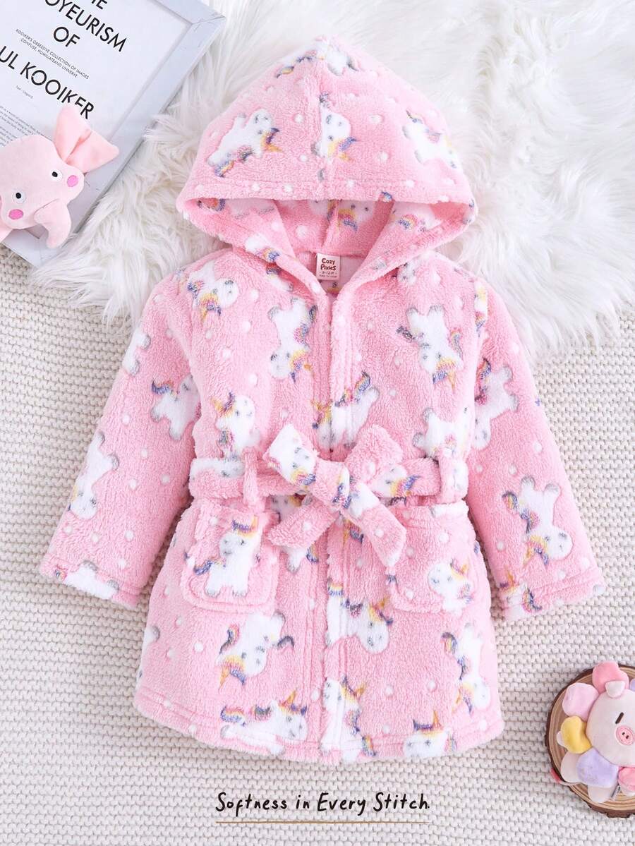 Cozy Pixies Baby Girl Cartoon Animal Print Brushed Hooded Long Sleeve Tie-Waist Robe, Thick Plush Fabric Suitable For Winter - Pink - View 1