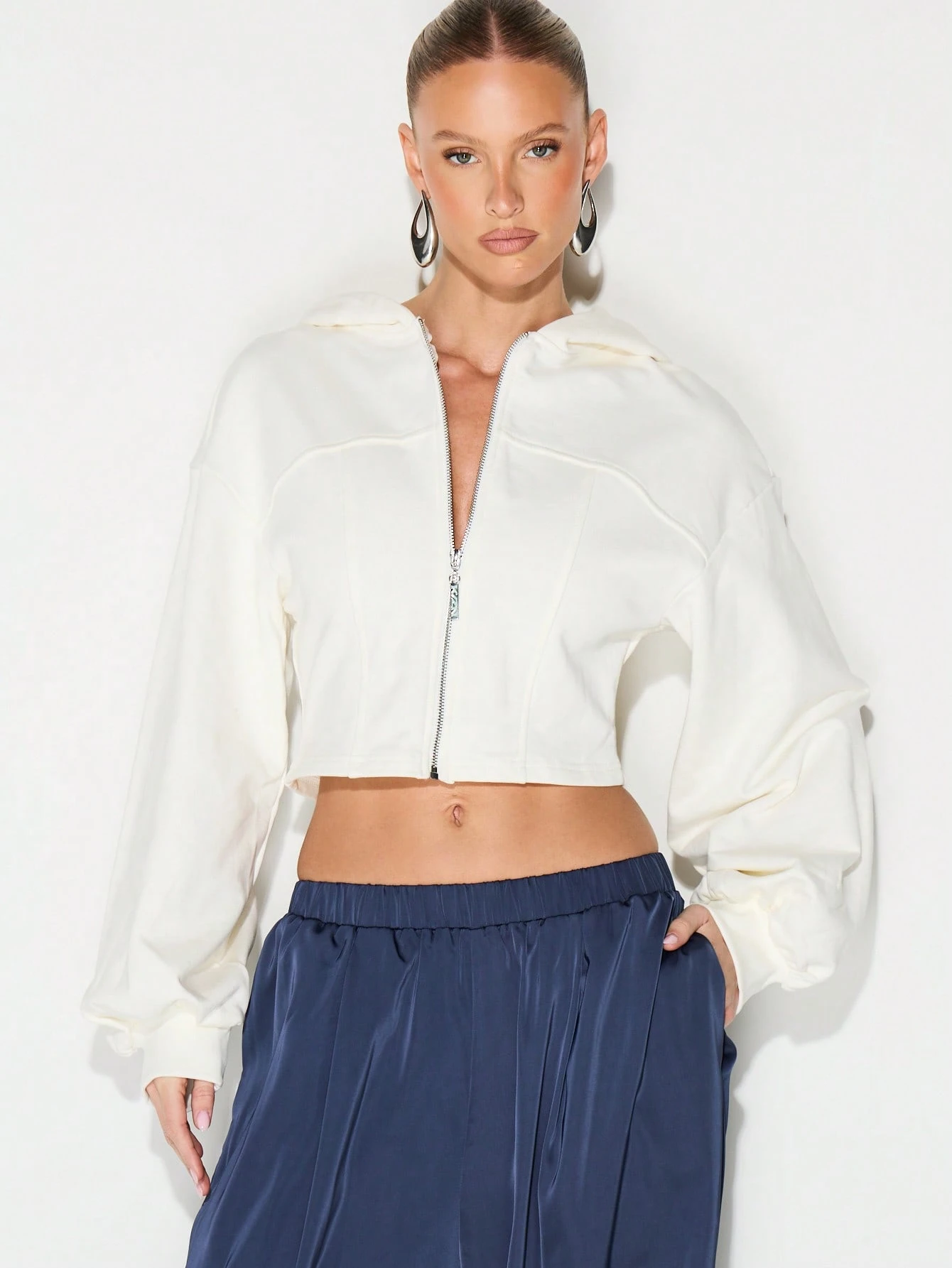 KIZN Cropped Full Zip Hoodie With Balloon Sleeves And Hood