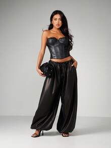 MISSGUIDED Áo corset giả da có viền ren, áo lót bó sát, không dây, dự tiệc, câu lạc bộ, trang trọng, thân áo có cấu trúc - màu đen - Xem 3