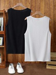 Manfinity NXTstreet 男士休闲提花针织修身无袖背心（2件装），男士背心多件装，针织背心2件装，纹理肌肉背心套装，华夫格针织A字背心套装，男士健身背心组合，夏季无袖衬衫套装，罗纹打底衫套装，黑白背心，休闲运动上衣套装，男士纹理针织背心2件装，优质华夫格无袖A字背心，黑白多件装，适合休闲和健身穿着，男士背心，男士无袖上衣，无袖T恤，男士针织背心 - 黑與白 - 查看 2