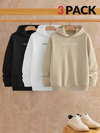 Manfinity NXTstreet 3pcs/Pack Men's Letter Graphic Print Casual Hooded Long Sleeve Sweatshirts, Fall Winter Clothes