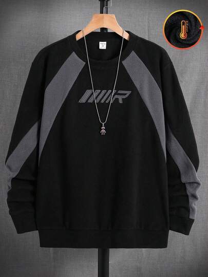 SHEIN Teen Boy/Teen Boys' Casual Everyday Comfortable Patchwork Contrast Color Embroidered Patch Crew Neck Loose Pullover Fleece Sweatshirt