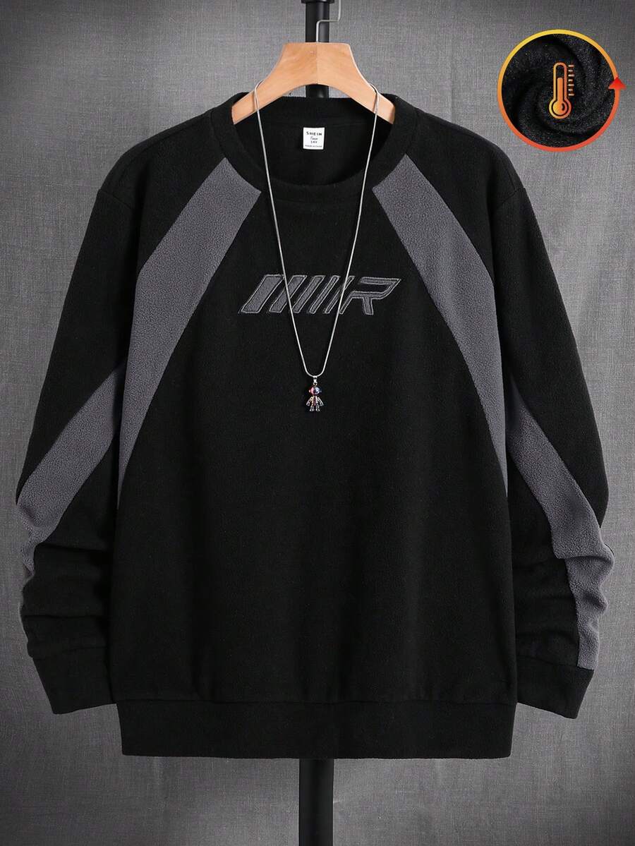 SHEIN 青少年男童/青少年男童休闲日常舒适拼接撞色刺绣圆领宽松套头抓绒卫衣 - 黑色 - 查看 1