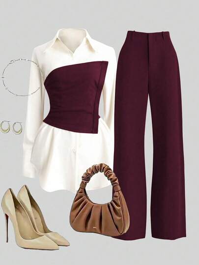 Franclia 2pcs Set: Waist Cinched Shirt & Wide Leg Pants, Slimming Design, Lapel Collar