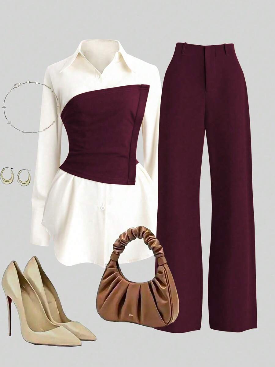 Franclia 2pcs Set: Waist Cinched Shirt & Wide Leg Pants, Slimming Design, Lapel Collar - Burgundy - View 1