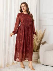 Lacomfia Váy dài tay lưới thêu màu nâu, váy chữ A thanh lịch cổ điển, cỡ lớn - Rỉ Nâu - Xem 6