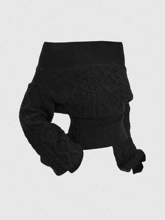 Romantic Thick Knit Z-Pattern Deep Floral Gray Off-Shoulder Lantern Sleeve Pullover Sweater