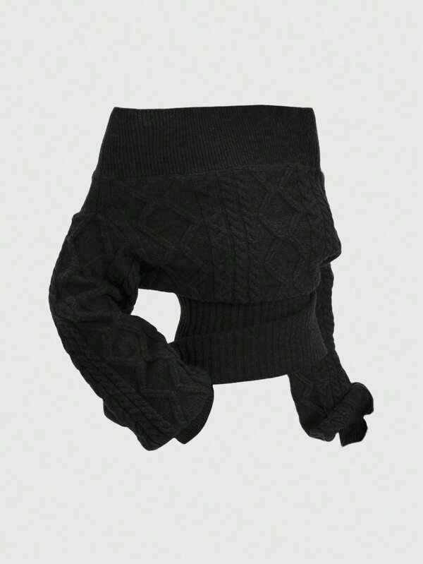 ROMWE Suéter romántico de punto grueso con patrón en Z, de hombros descubiertos, manga farol y estampado floral gris