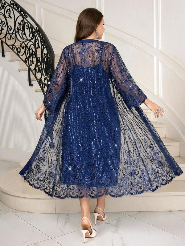 SHEIN Clasi Curvy Plus Size Women's Romantic And Elegant Two-Piece Set: Navy Blue Sparkling Sequined Embroidered Long-Sleeved Jacket + High-Elastic Knit Solid Color Dress Set, High-Quality Sparkling Embroidered Sequined Fabric,Christmas Set , New Year Set, New Year Women's Clothes , New Year Look ,Long Party Dresses , Elegant Dresses For Party , Curvy Party Dresses,Going Out ,Long Graduation Dress , Elegant Long Graduation Dress , Ball Gown , Prom Dresses For Women , Formal Ball Gowns For Women , Prom Dress Plus Size,Sparkly Dress ,Sequin Dress,Night Out,Date Night Outfits Women,Mother Of The Bride Dresses For Wedding,Formal Dresses For Women ,Luxury Dress, Formal Dress For Women,Mother Of The Bride Dresses For Wedding/Winter,2025 New,Elegant Party Dress,Long Party Dress ,Women's Formal Wear ,Christmas,New Year,Hanksgiving Outfit For Women,Long Graduation Dress, Elegant Dresses For Women, Stylish Clothing Collection