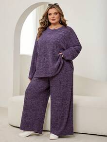 SHEIN CURVE+ 大码纯色简约日常穿搭圆领长袖上衣和裤子两件套 - 淡紫色 - 查看 8