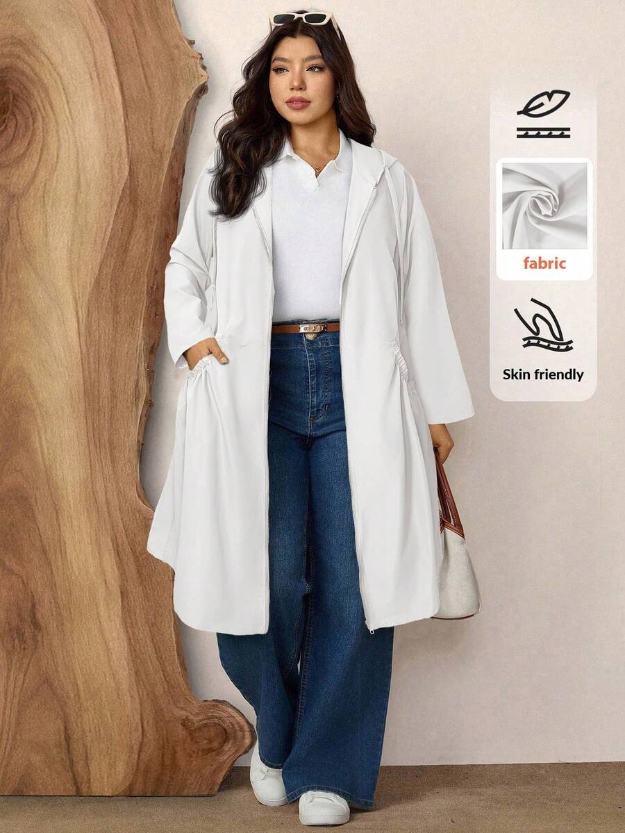 Zelara 加大码时尚纯绿色连帽口袋设计中长款夹克秋季带口袋女式风衣外套冬装 - 白色 - 查看 1
