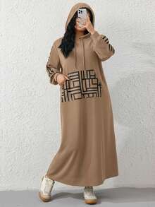 Veilorie Váy nỉ trùm đầu tay dài họa tiết hình học cỡ lớn cho nữ - Màu Khaki - Xem 7