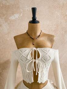 Soleia 2pcs Women's Fashionable Sexy Off-Shoulder Tie-Up Sweater Set - Apricot - View 6