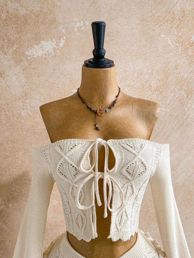 Soleia 2pcs Women's Fashionable Sexy Off-Shoulder Tie-Up Sweater Set - Apricot - View 6