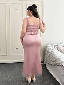 CovetEZ Damen Große Größen sexy romantischer Retro-Stil Trägerkleid mit Fischschwanz 2 Stücke Set - Altrosa - Übersicht 2