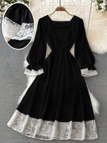 Franclia 女士方领蕾丝拼接长款连衣裙（刺绣不规则下摆） - 黑色 - 查看 1