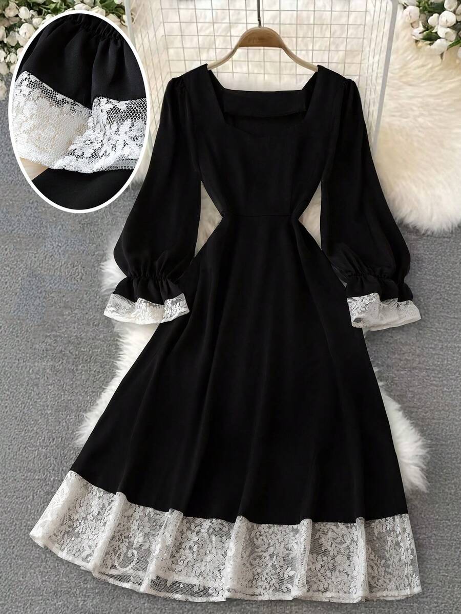 Franclia 女士方领蕾丝拼接长款连衣裙（刺绣不规则下摆） - 黑色 - 查看 1