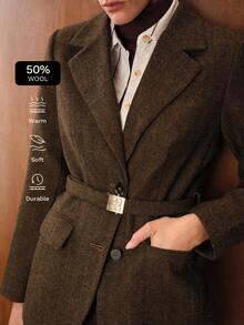 MOTF PREMIUM WOOL LAPEL COLLAR BELTED BLAZER - Khaki - View 2