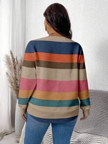 EMERY ROSE Plus Size Women Casual Colorful Striped Print Loose Fit Crew Neck Long Sleeve Sweatshirt, Waffle Texture, Suitable For Autumn/Winter - White - View 5