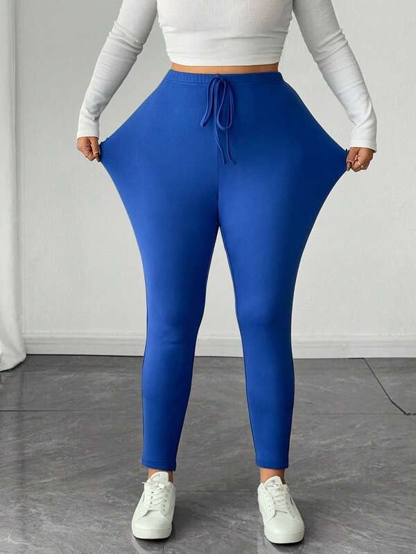 Elenzga Leggings casuales de talla grande para mujer con cintura anudada y unicolor elegante