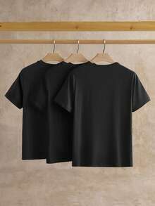 Manfinity NXTstreet Bộ 3 áo thun tay ngắn dệt kim màu trơn thường ngày cho nam, thích hợp mặc hàng ngày, áo cơ bản - màu đen - Xem 2