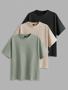 EASEVO 3 件装男士加大码纯色修身圆领短袖 T 恤，休闲针织，适合夏季日常穿着