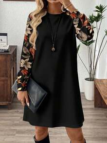 EMERY ROSE Women's Floral & Maple Leaf Print Sweatshirt Dress, Suitable For Autumn/Winter - Multicolor - View 1