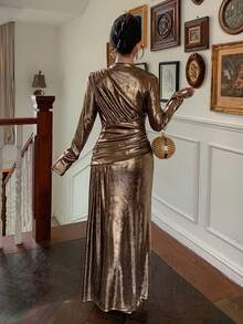 DAZY Women's Elegant Solid Color Glossy Pleated Mid-Length Dress, Autumn