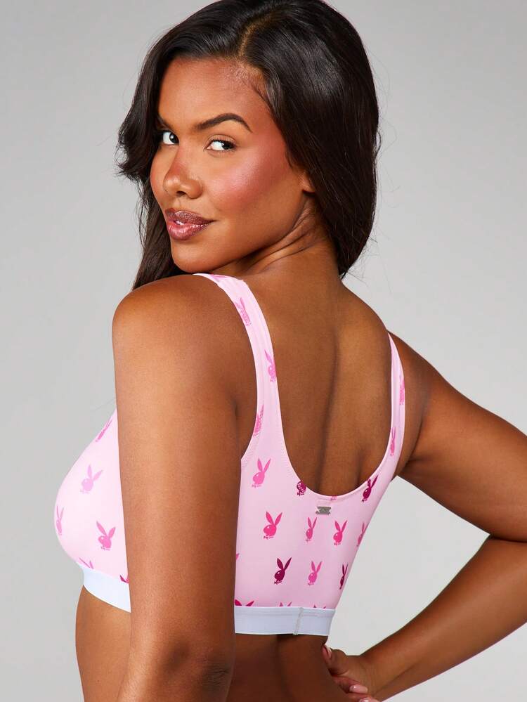 Missguided x Playboy Braletka z nadrukiem na całej powierzchni z głową króliczka i okrągłym dekoltem