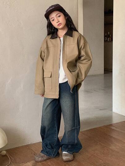 DAZY Tween Girls Lapel Collar Oversized Pocket Jacket