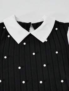 1 件休闲学院风黑色针织毛绒条纹拼接白色宽松长袖连衣裙，适合少女，高领套头衫设计带珍珠装饰，适合户外、室内、派对、通勤、春秋季 - 黑色 - 查看 6